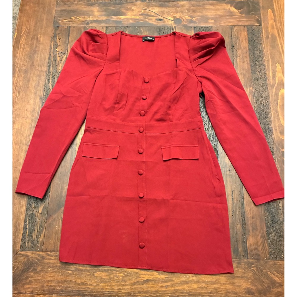 Milk & Honey Cranberry Red Puff Sleeve Button Detail Mini Dress Women Size Large